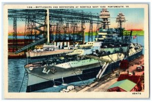 Battleships And Destroyers At Norfolk Navy Yard Portsmouth Virginia VA Postcard