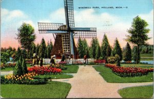 Vtg 1940's Windmill Park Holland Michigan MI Ottawa County Linen Postcard