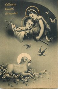 Easter greetings postcard lamb aura angel dove Hungary