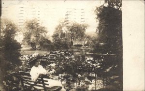 Woman on Bench at Pond Hartford CT Elizabeth Park c1910 Real Photo Postcard