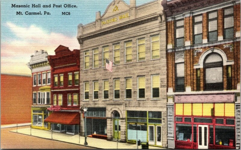 Vintage Postcard Masonic Hall and Post Office Mt. Carmel, Pa. Linen Era