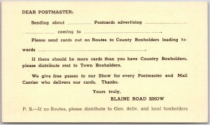 Postcard Advertising Letter To Postmaster From Blaine Road Show Postcard