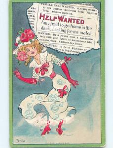 Pre-Linen signed DWIG - PRETTY GIRL BESIDE HELP-WANTED CLASSIFIED AD HL4800