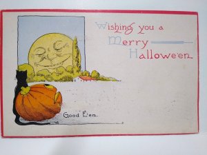 Halloween Postcard Big Smiling Sun or Moon Black Cat Pumpkin Gibson Fantasy 1912