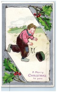 c1910's Christmas Boy Hat Fell Winter Snow Holly Berries Glitter Posted Postcard