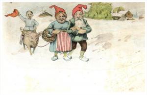 21523  Gnomes, Boy riding Pig. Old Couple