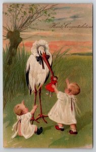 Stork Gives Doll To Babies Postcard B44