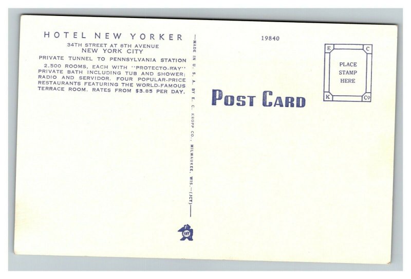 Vintage 1940's Advertising Postcard Hotel New Yorker 34th St. New York City NY
