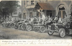 Viintage autos lined up Woodsman Day Charles City Iowa c1907