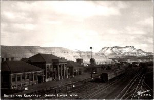 RPPC, Green River WY Wyoming DEPOT & RAILYARDS Railroad Station SANBORN Postcard