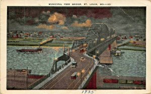 ST LOUIS MISSOURI~MUNICIPAL FREE BRIDGE-NIGHT MOONLIGHT VIEW~1935 POSTCARD