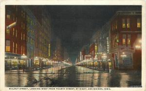 1920s Night Neon DES MOINES IOWA Walnut Fourth Street TEICH Postcard 12372