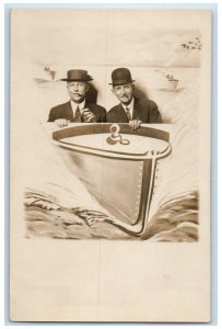 1912 Man Cigarette Lake Speedboat Studio Carticature RPPC Photo Antique Postcard