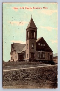 J95/ Strasburg Ohio Postcard c1910 First U.B. Church Building  84