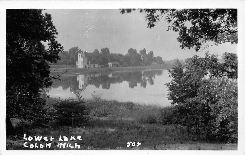 H35/ Colon Michigan RPPC Postcard c1930s Lower Lake Scene Railroad Depot  10