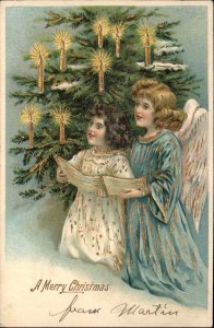 Christmas Little Girl Angels Singing Carols c1910 Vintage Postcard