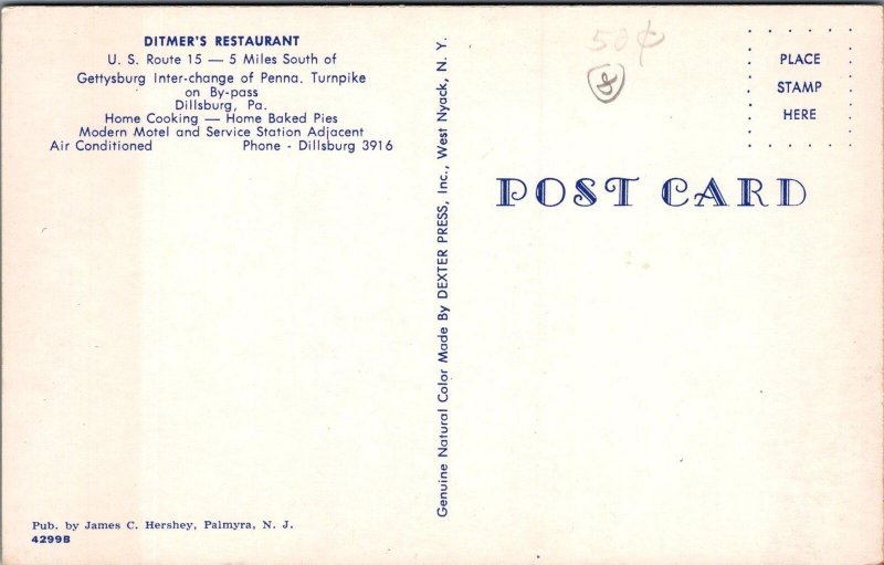 Postcard Ditmer's Restaurant Dillsburg PA