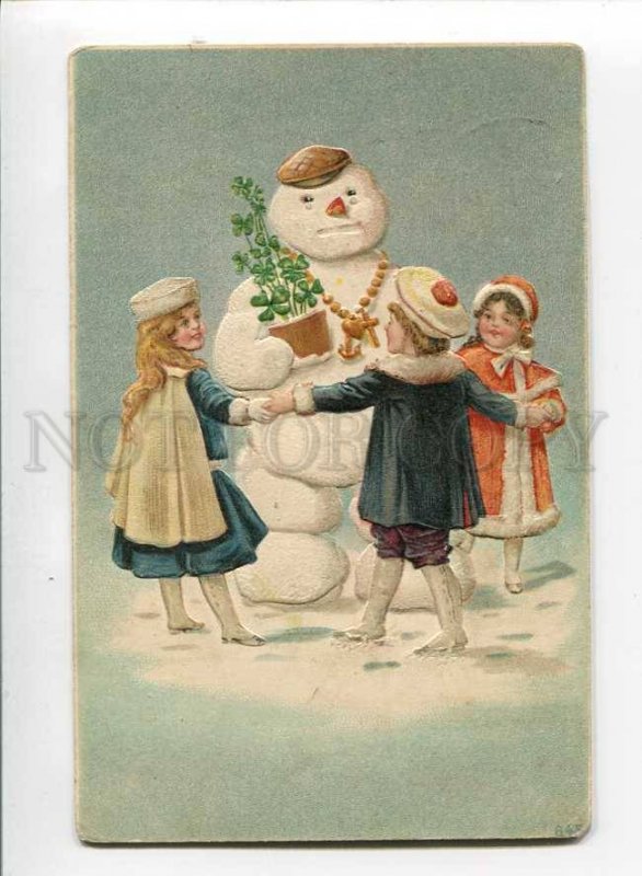 3073669 Embossed Charming SNOWMAN & Kids Vintage color RPPC