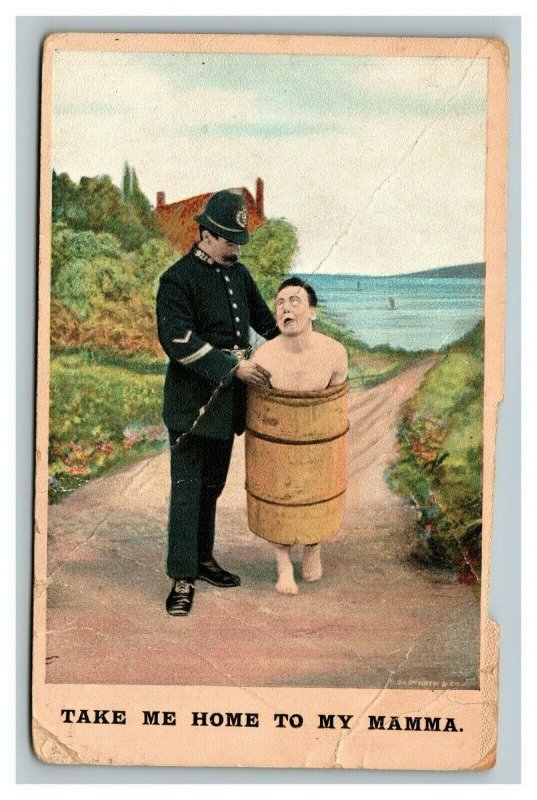 Vintage 1910's Bamforth Comic Postcard Mama's Boy Naked in Barrel Being Arrested