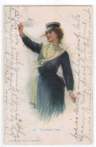 Yachting Girl J De Yonch artist signed 1907 postcard