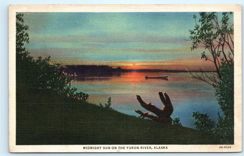 *1930s Midnight Sun Yukon River Alaska Canoe Boat Boating Vintage Postcard C11