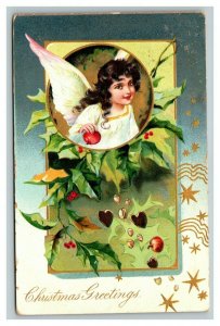 Vintage 1910 Tuck's Christmas Postcard Angel Mistletoe Holly Berries Gold Stars