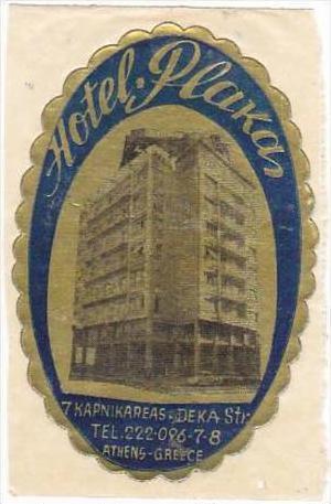 GREECE ATHENS HOTEL PLAKAS VINTAGE LUGGAGE LABEL