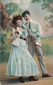 Vintage Postcard 1910's Lovers Couple Playing Badminton Sports & Romance