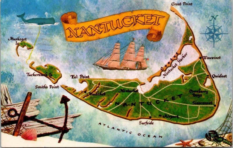 Vtg Map of Nantucket Island Massachusetts MA 1970 Chrome Postcard
