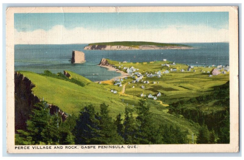 1940 Perce Village and Rock Gaspe Peninsula Quebec Canada Vintage Postcard