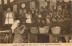 WWI Postcard American Red Cross L.O.C. Canteen in France Soldiers and Flags