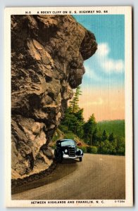 Rocky Cliff Automobile Highway 64 Franklin North Carolina Linen Postcard Unused