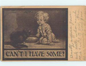 Pre-Linen signed KATHARINE GASSAWAY - CHILD WATCHES KITTEN CAT DRINK MILK HJ4767