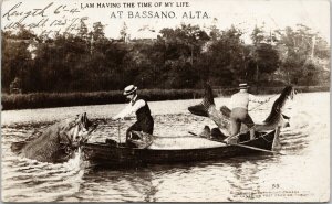 Bassano Alberta AB Exaggerated Fish Fsihermen Boat c1914 Real Photo Postcard F14