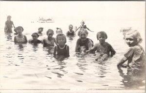 RPPC Adorable Children Swimming Wading Boating Lake Scene Postcard Y18