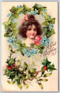 Brundage Christmas~Pretty Girl w/Black Hair In Ivy-Flower Wreath~Holly~Mistletoe