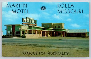 Roadside~Rolla Missouri~Hwy 66~Martin Hotel~Sign~Mr Chas Caro~1950s Postcard