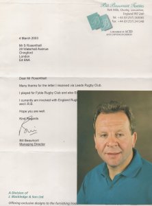 Bill Beamont British Lions Rugby Hand Signed Letter & Photo