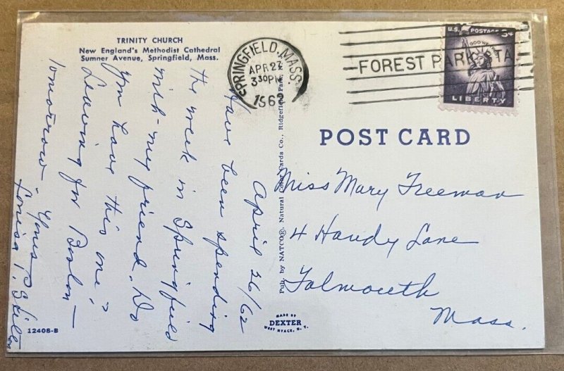 1962 USED POSTCARD - TRINITY METHODIST CHURCH, SUMMER AVE., SPRINGFIELD, MASS.