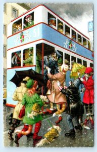 MAINZER DRESSED CATS Anthropomorphic DOUBLE DECKER BUS #4858 Belgium Postcard