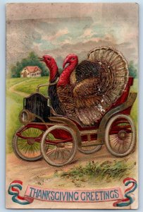 1910 Thanksgiving Greetings Turkeys Riding Car Embossed Bellevue OH Postcard