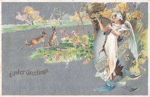 Easter Greetings Angel with Harp and Bunny Rabbits Vintage Postcard AA39890