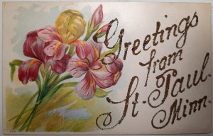 Postcard MN St. Paul floral glittler - Greetings from