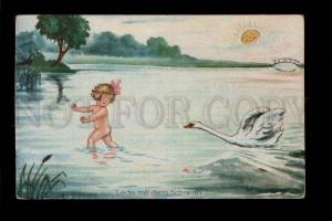 060857 NUDE Young LEDA & SWAN & Smiling MOON vintage PC