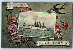 USS Ohio Postcard Steamer Ship Greetings From California Flowers Bird Shamrock