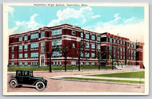 Hamilton Ohio~High School Exterior View~Automobile~Red Brick Bldg~1920s Postcard