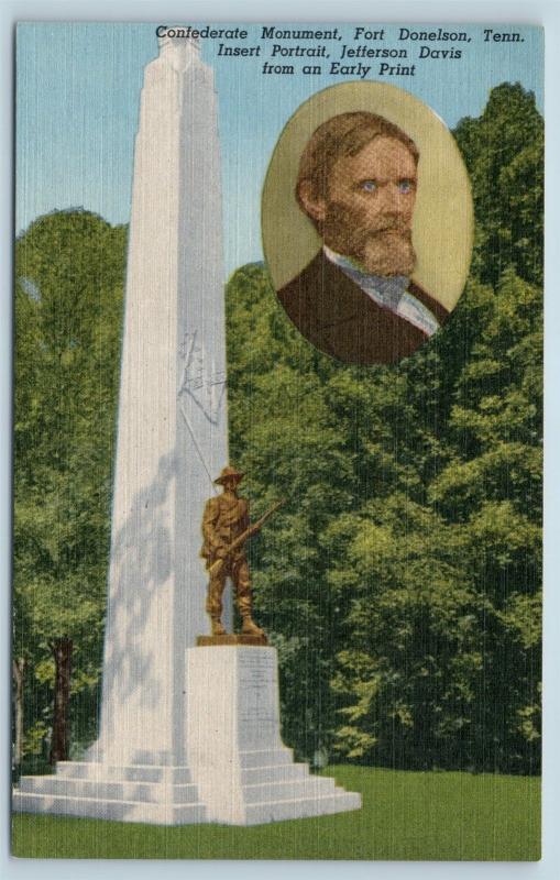 Postcard TN Fort Donelson Confederate Monument Jefferson Davis Portrait Linen M1