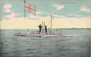 Pre WWI Royal Navy, HM Submarine 2 on Surface, Union Jack UK Flag