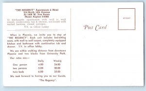 Phoenix Arizona Postcard Regency Apartment Motel Van Buren Advertisement c1940