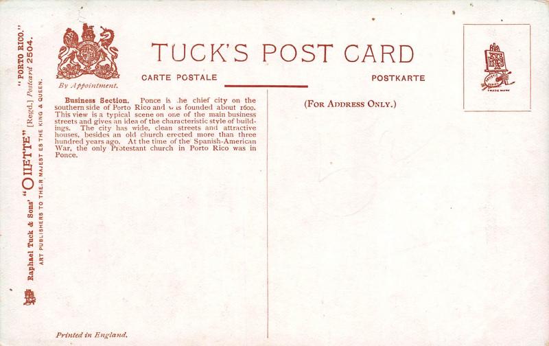 Business Section, Ponce, Puerto Rico, Early Tuck's Postcard, Unused